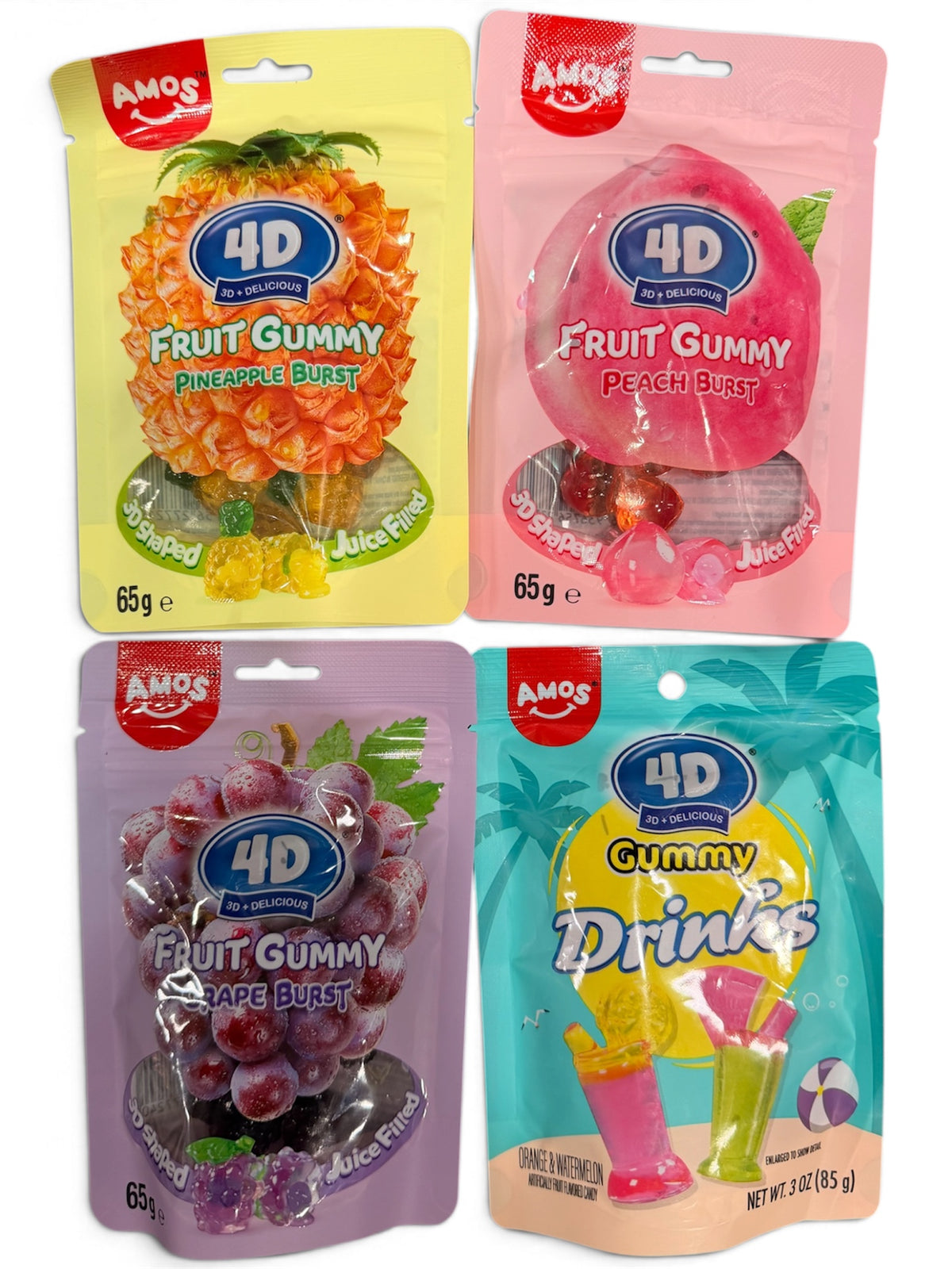 Amos 4D Fruit Gummy – Grape, Peach, Drinks & Pineapple