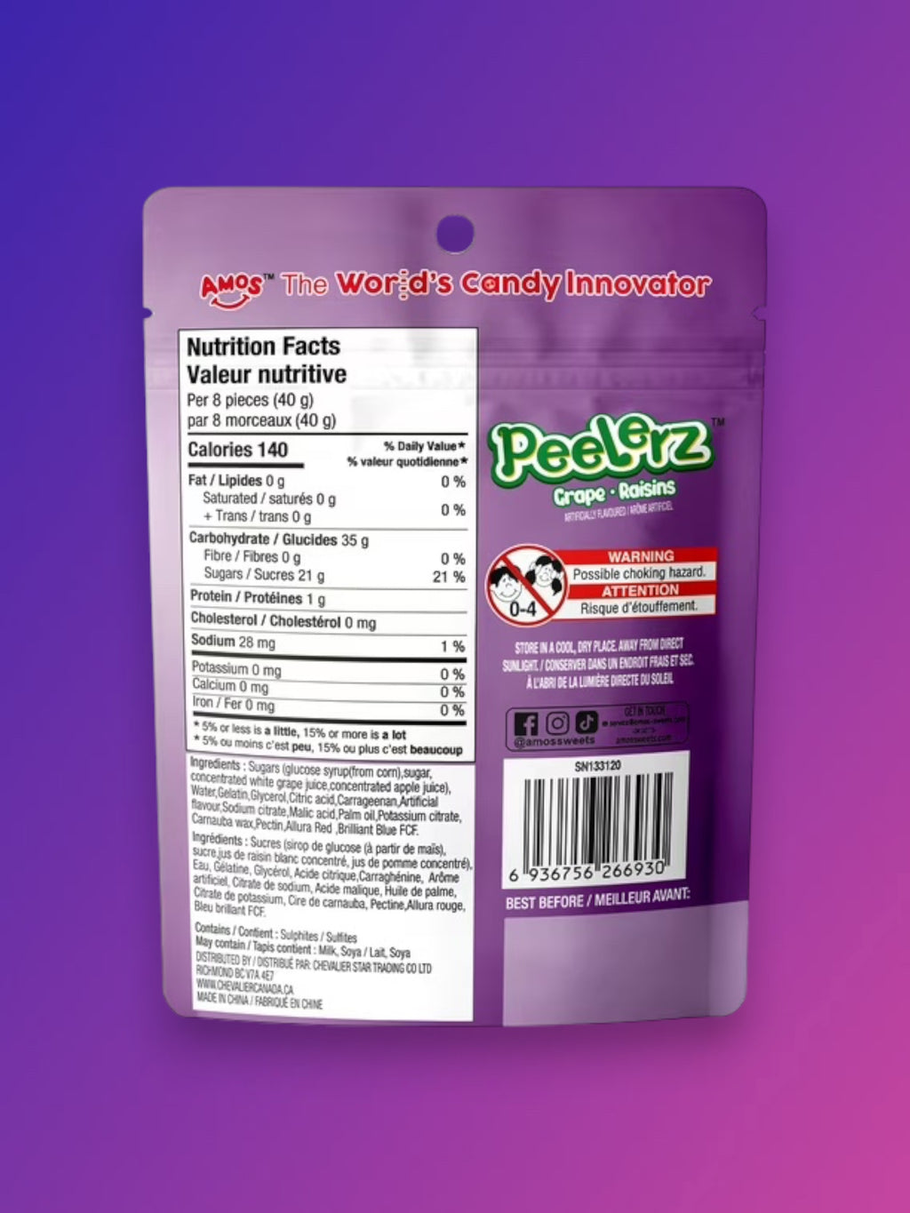 Amos Peelerz Exotic Grape Gummy Candy 65g – Imported Soft & Peelable Gummies