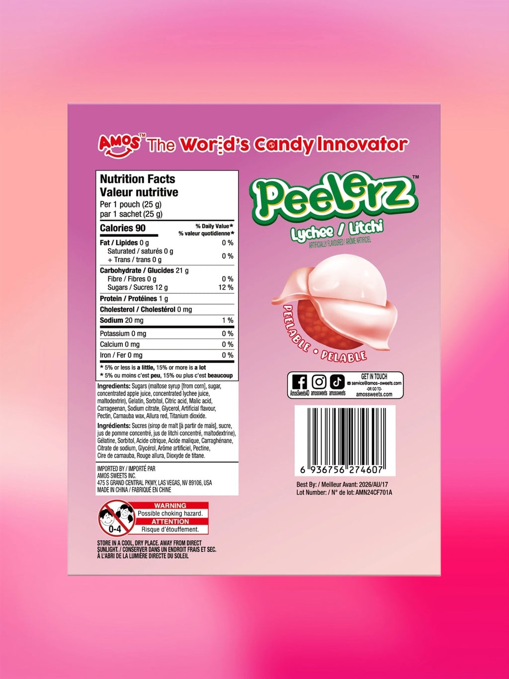 Amos Peelerz Exotic Lychee Gummy Candy 85g – Imported Soft & Peelable Gummies