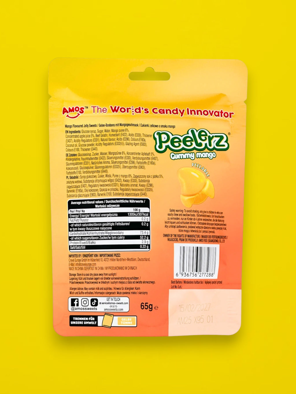 Amos Peelerz Exotic Mango Gummy Candy 65g – Imported Soft & Peelable Gummies