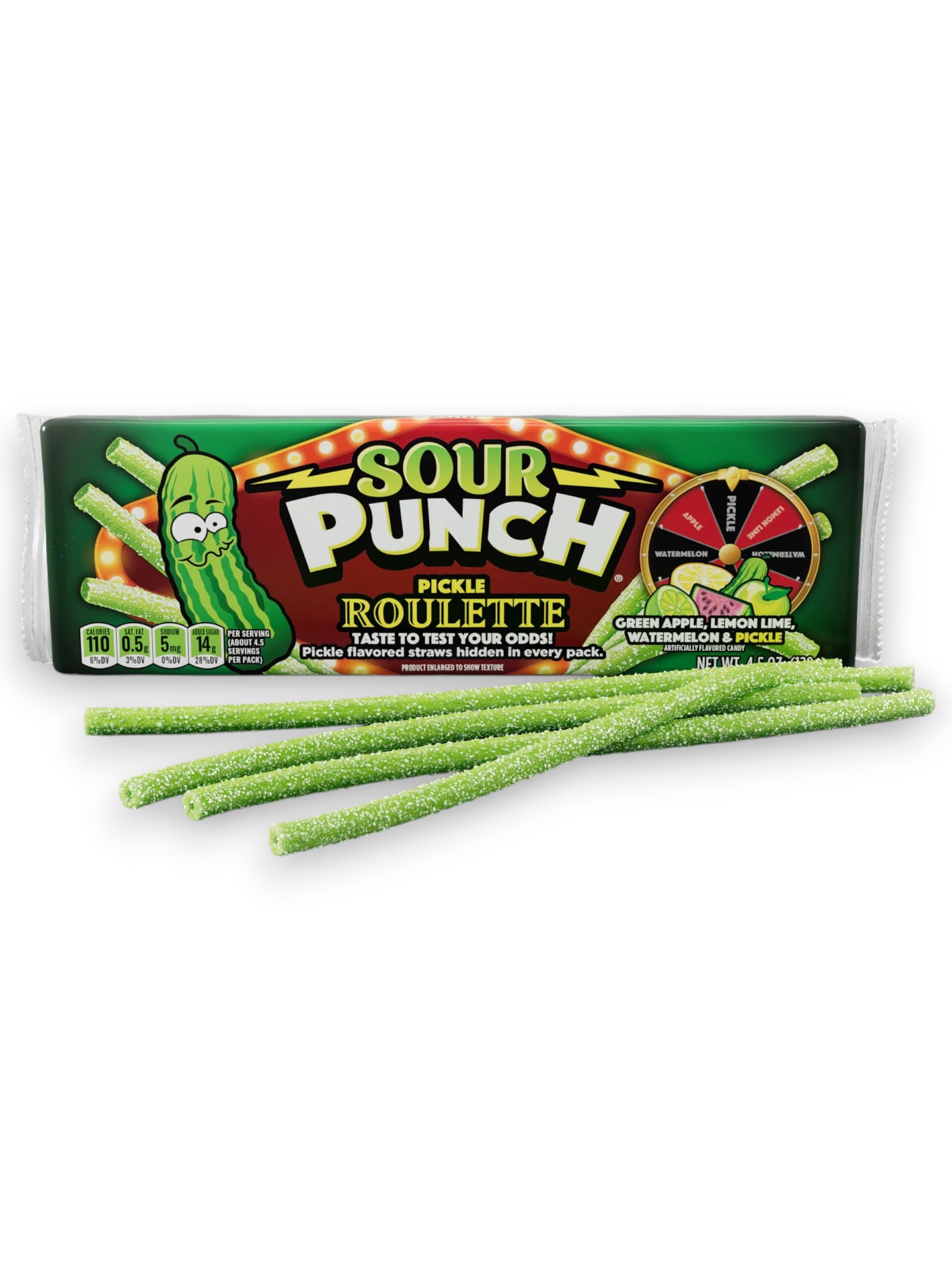 Sour Punch Pickle Roulette Candy Straws | Green Apple, Lemon Lime, Watermelon & Pickle Flavors