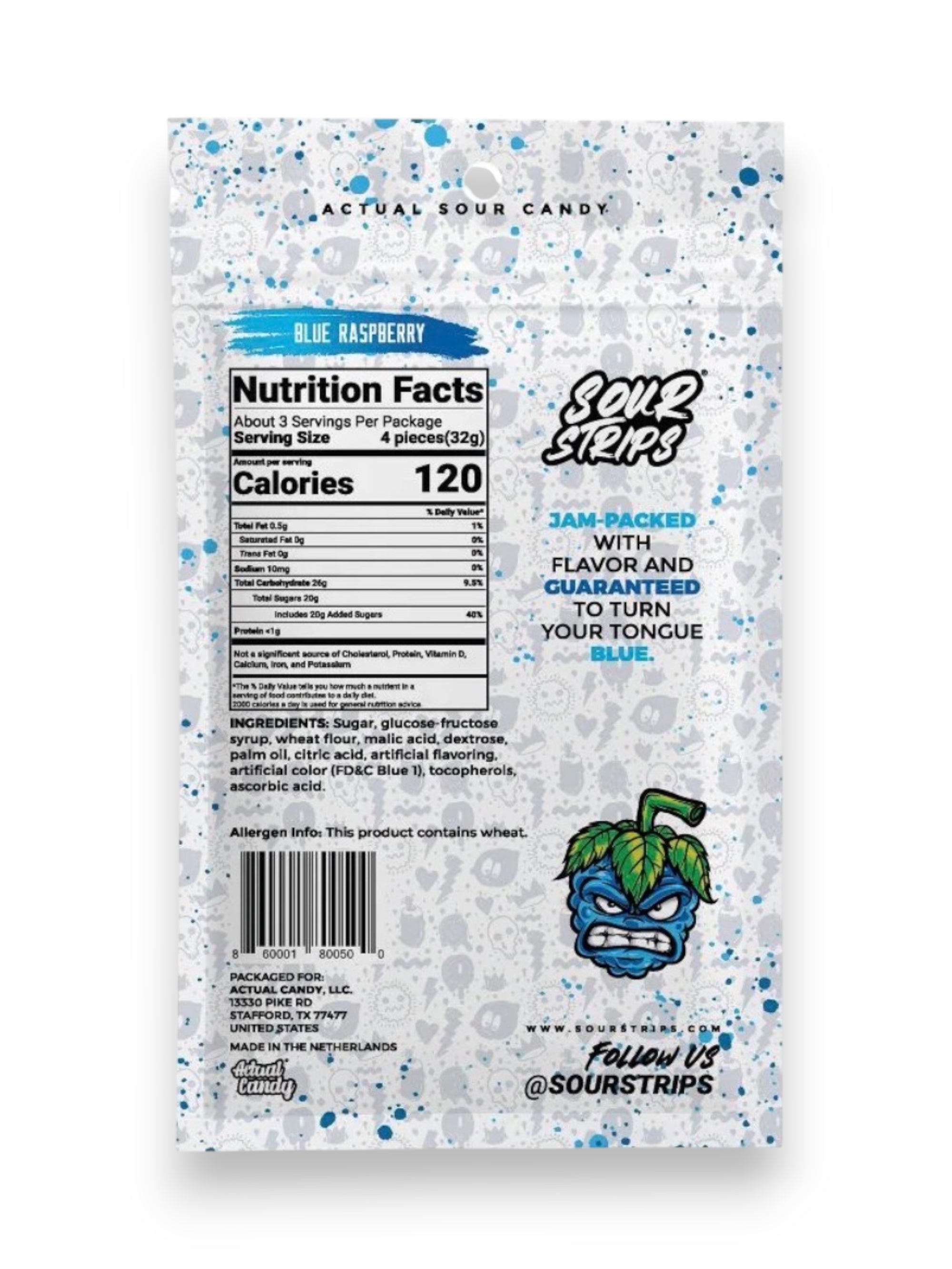 Sour Strips Blue Raspberry Soft & Chewy Sour Candy 96g – Imported from Spain