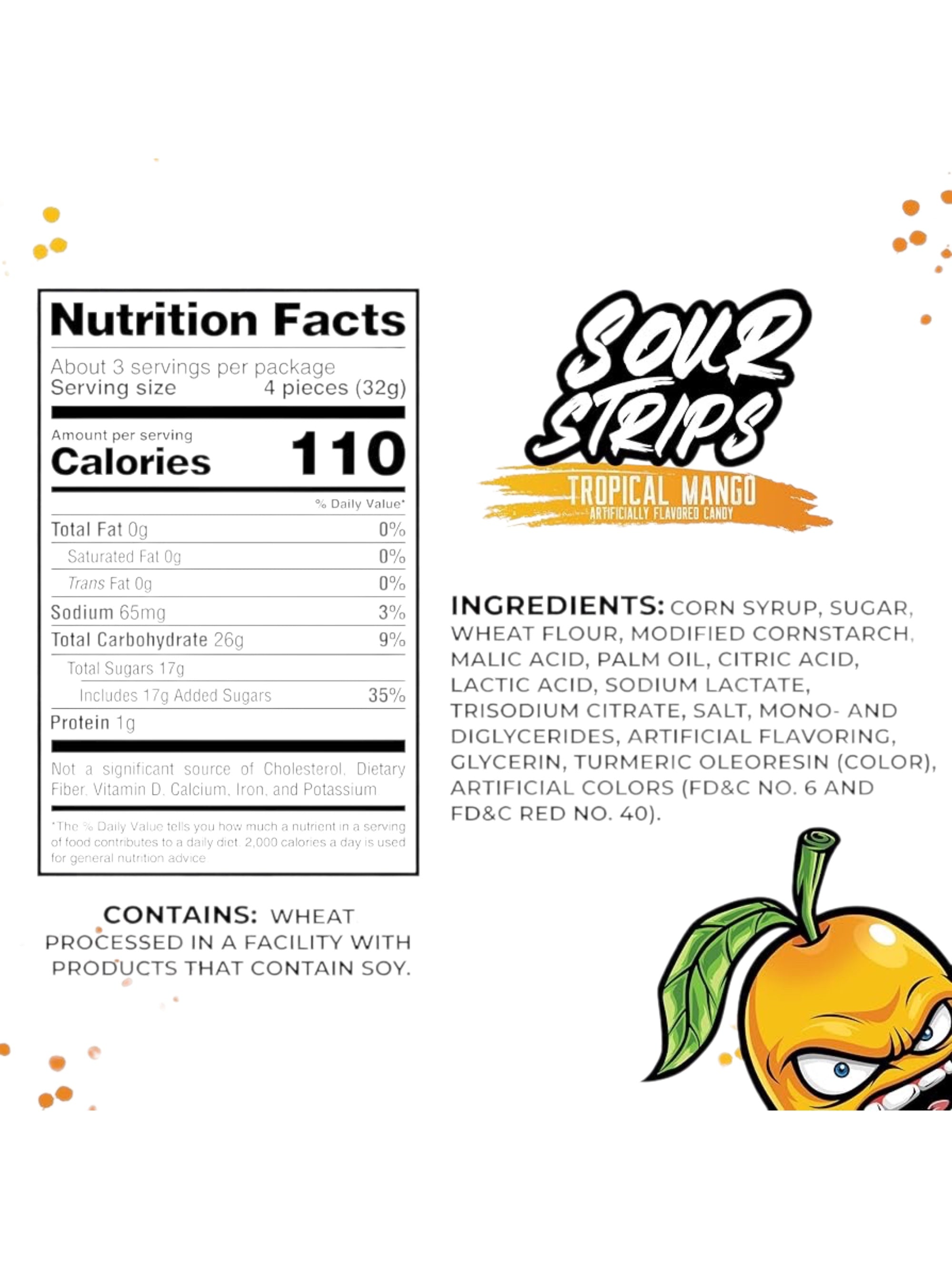 Sour Strips Tropical Mango Soft & Chewy Sour Candy 96g – Imported from Spain