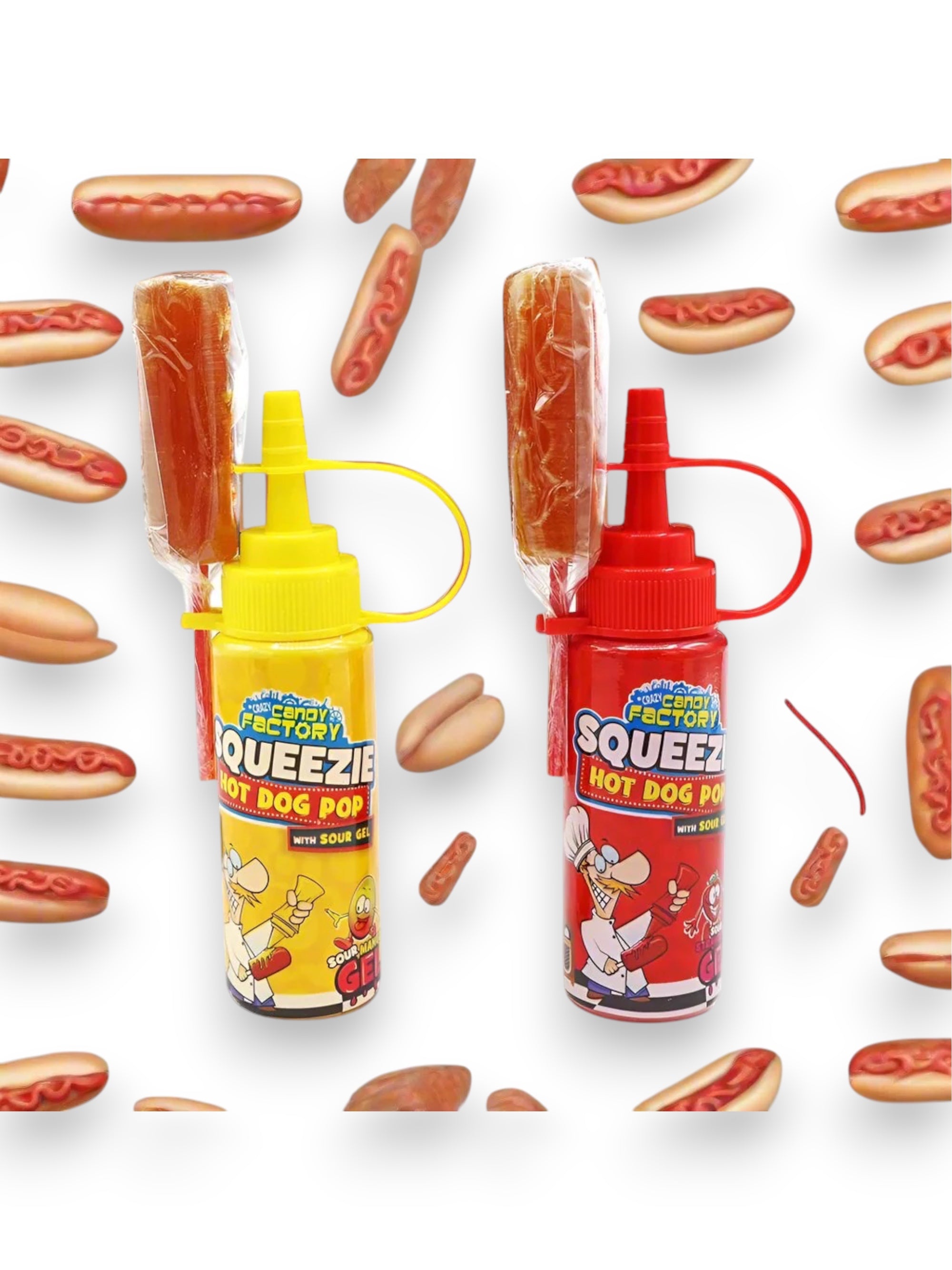 Squeeze Hot Dog Candy with Mustard Gel – Novelty Lollipop Candy